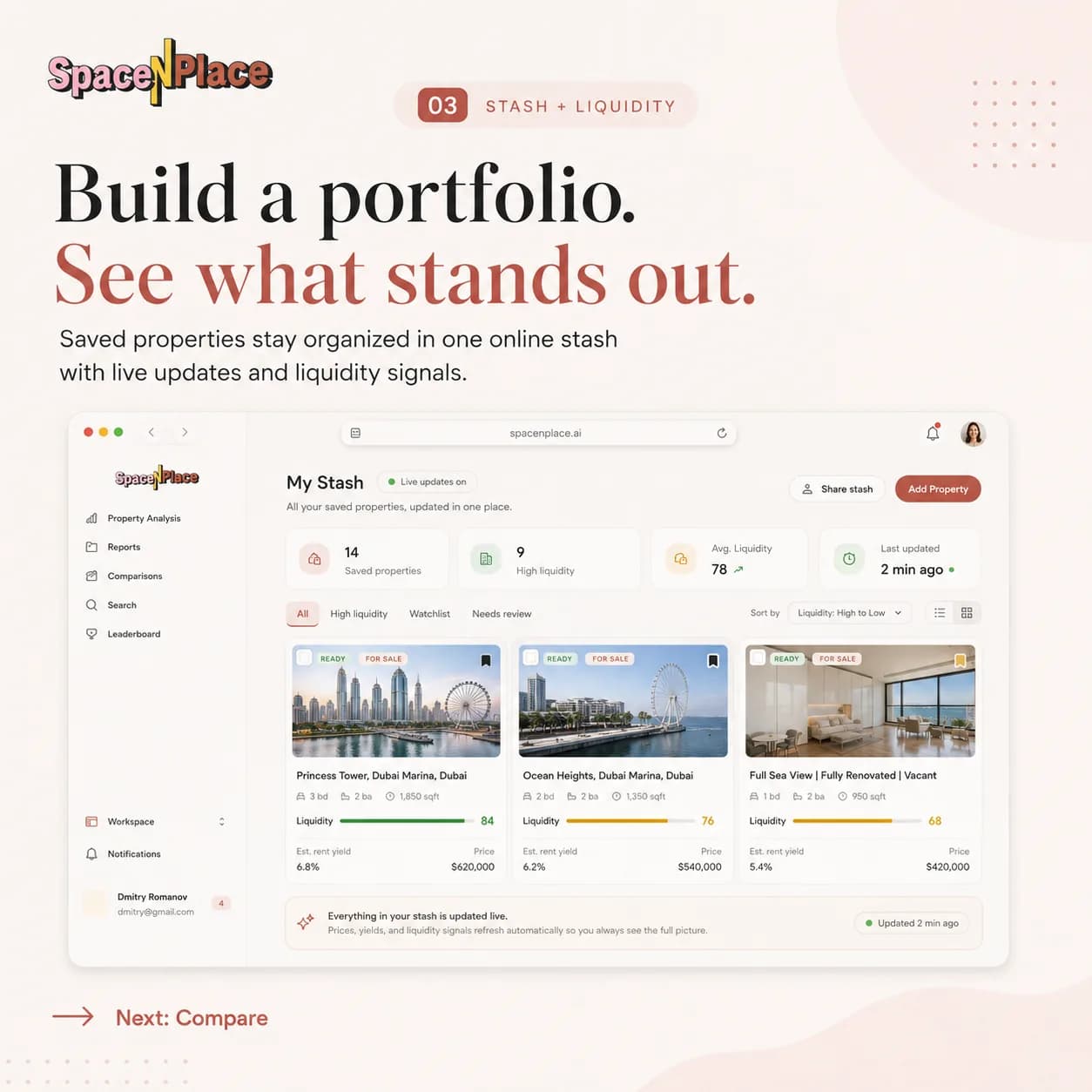 Step 3, Stash and liquidity: saved properties in one place, each with price, rental yield and a live liquidity score.